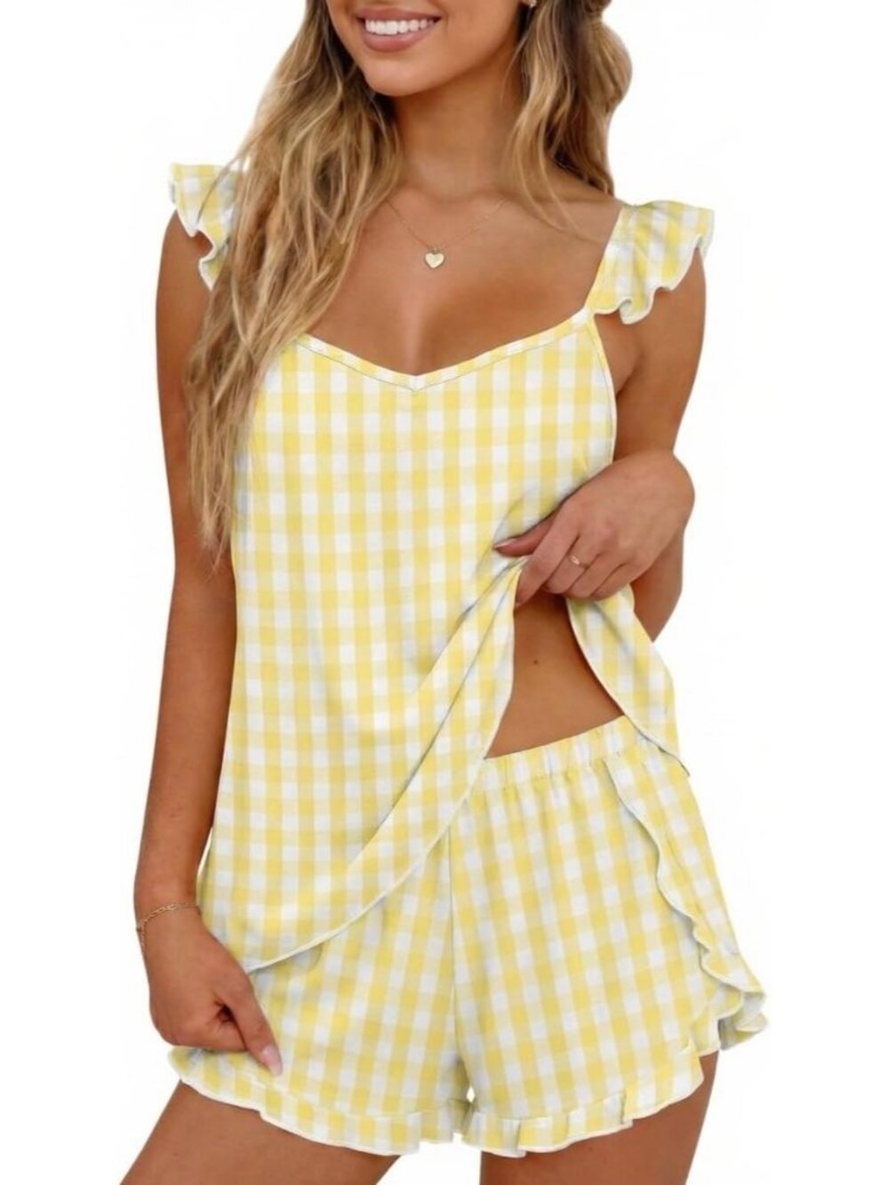 〽️Women's Outfit Set Gingham Yellow Cami Top and Shorts 2 Piece Lounge Set